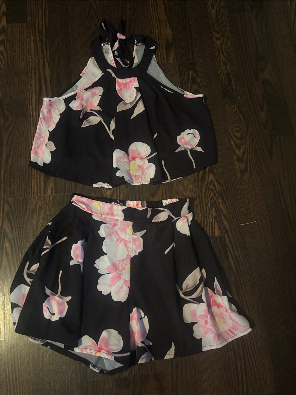 Soon Once Black Floral Two-Piece Crop Top and Short Set - Pink & White Flowers